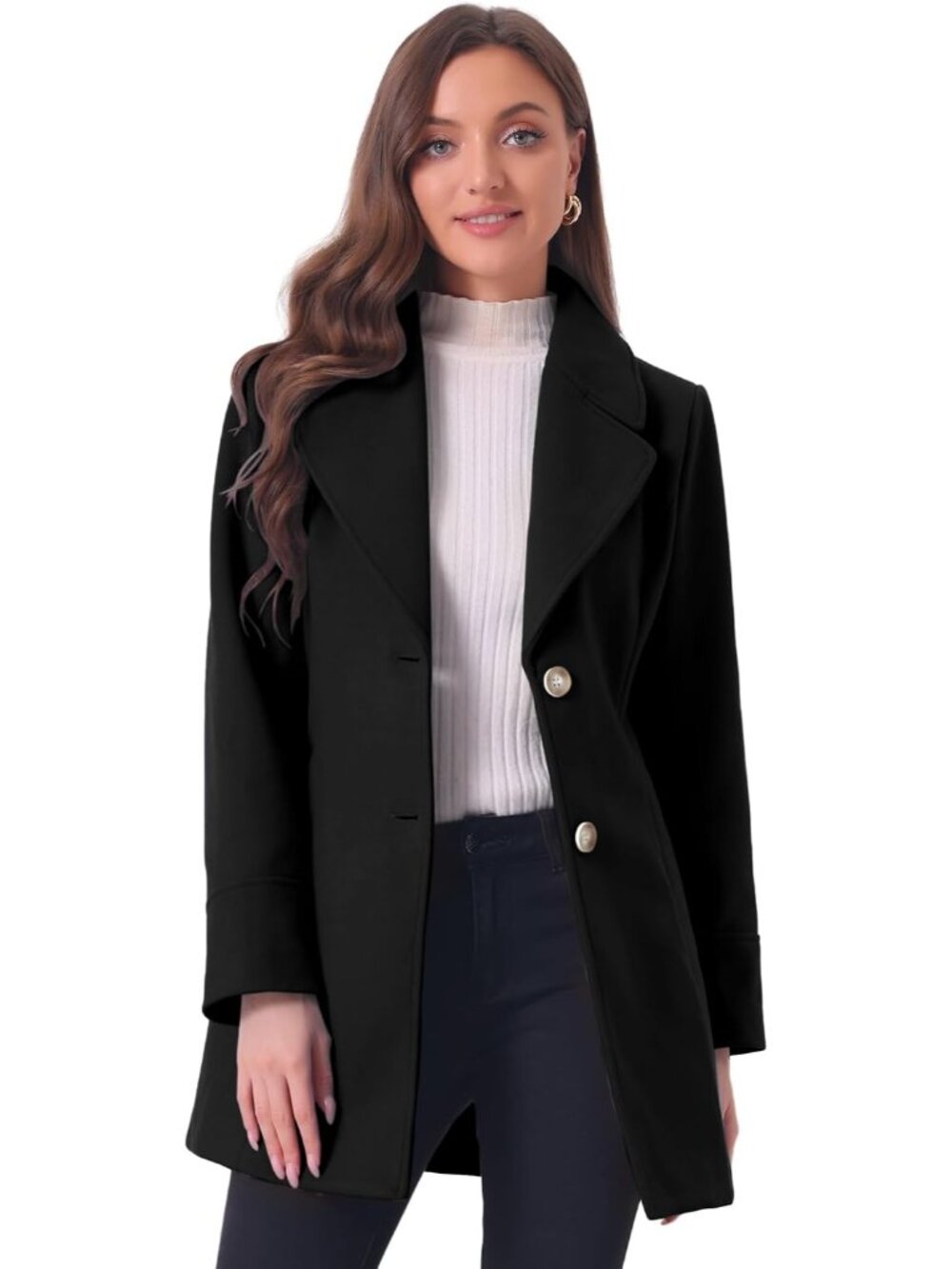 Women's Black Overcoat Shawl Collar Single Breasted Long Sleeve Elegant Coat